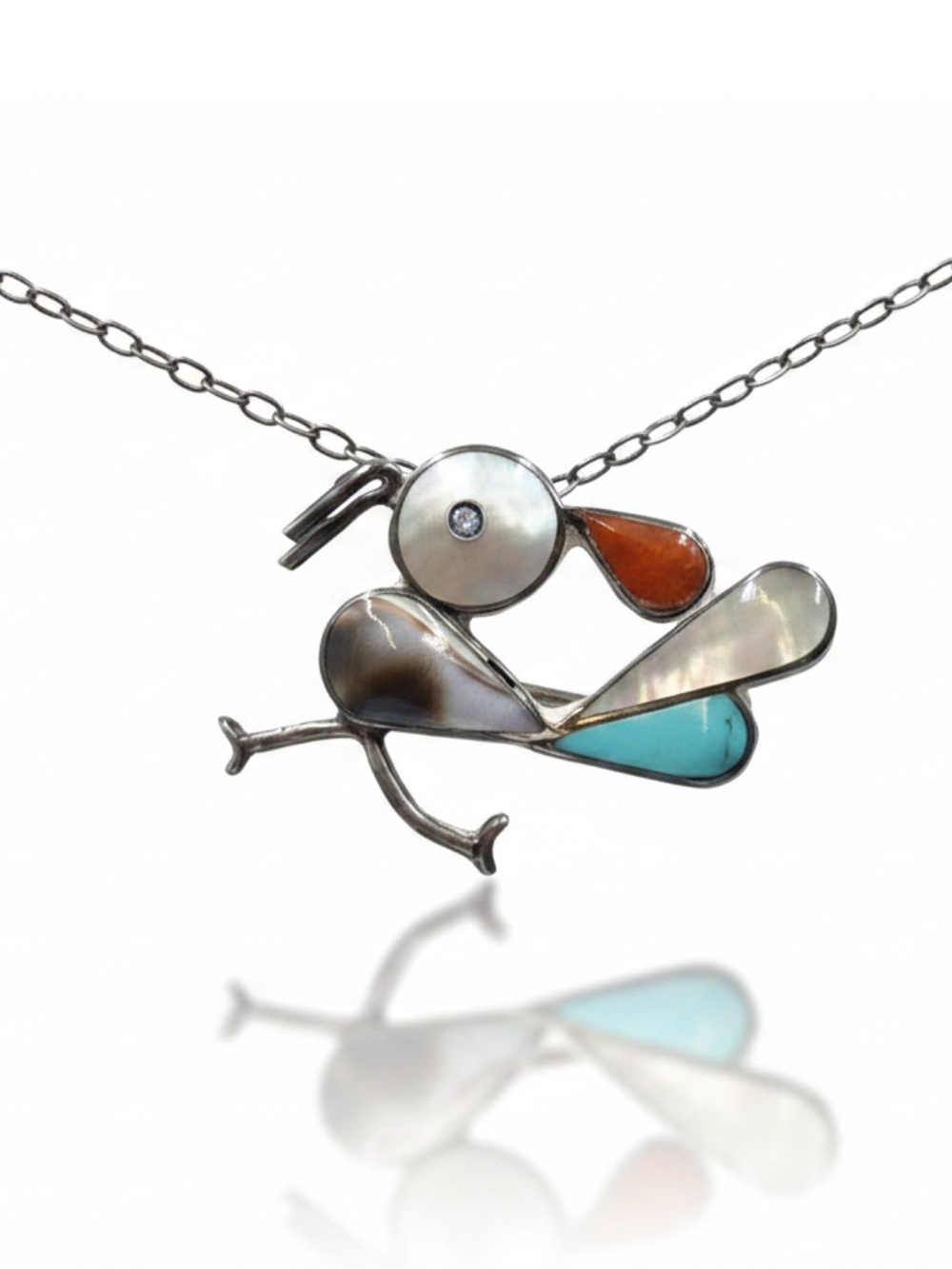 Vintage Zuni Style Silver Multi Stone Inlay Roadrunner Necklace Pin